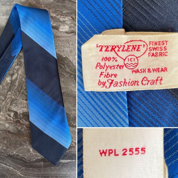Vintage 1950s-1960s Fashion Craft Terylene Polyester Blue Striped Tie - Picture 2 of 5